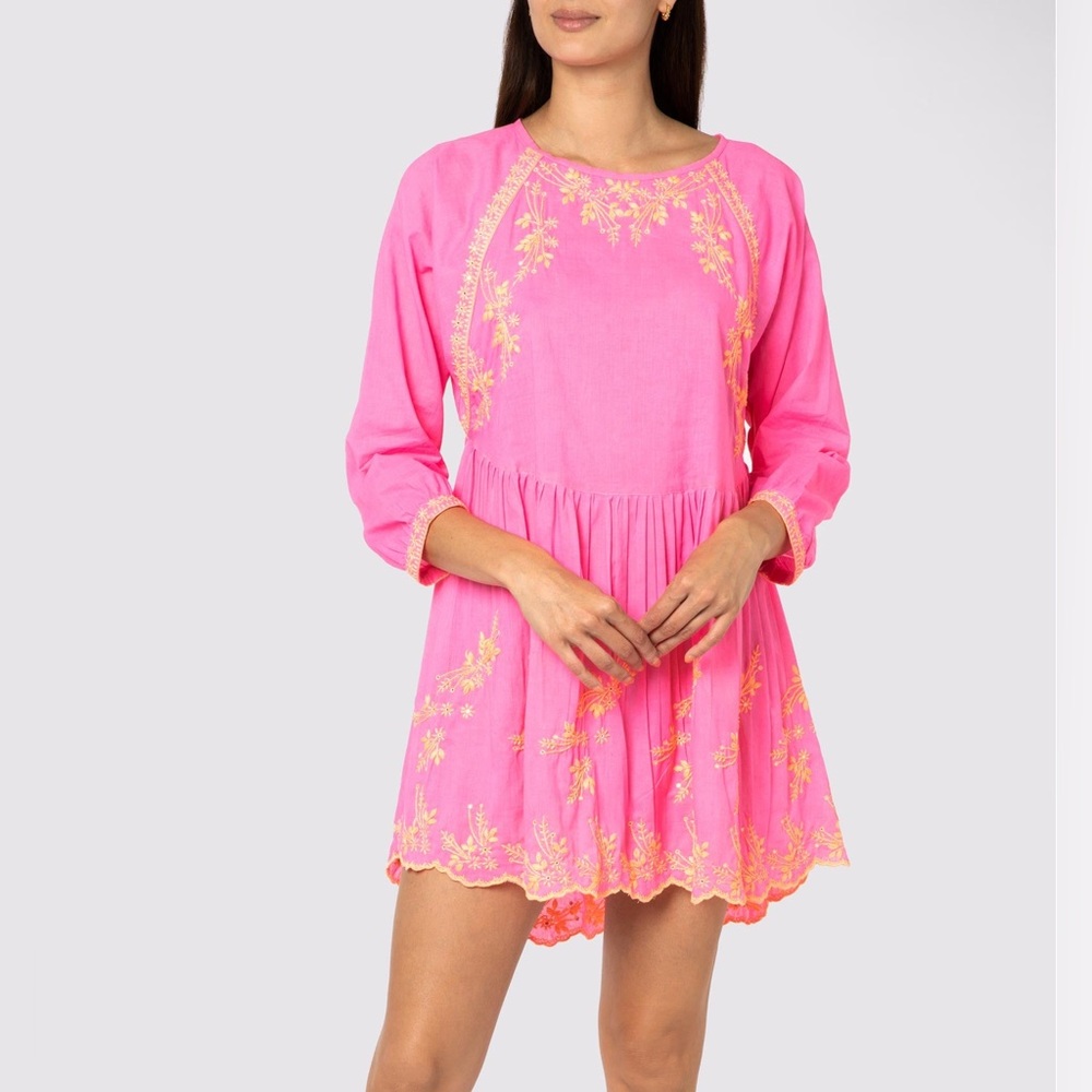 Juliet Dunn Sugar Pink Neon Orange Embroidered Batwing  Dress
